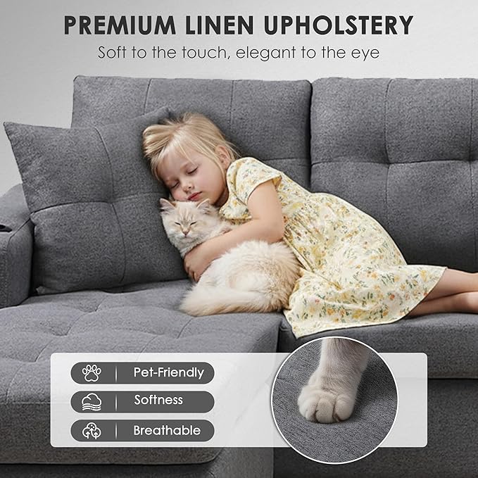 Wakefit Sectional Sofa Couch Modern 4-Seaters Living Room Furniture Sets with Reversible Chaise Lounge &amp 2 Pillows | L Shape Couch | Cup Holders | Linen Fabric Gray
