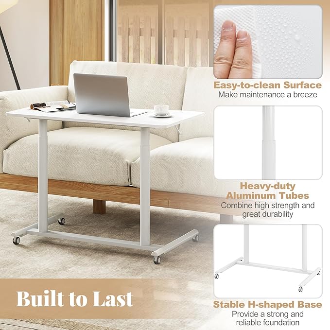 Giantex Mobile Standing Desk Height Adjustable Computer Desk with Wheels &amp Aluminum Frame C Shaped Sofa Side Table Portable Laptop PC Workstation Compact Rolling Desk for Small Space (White)