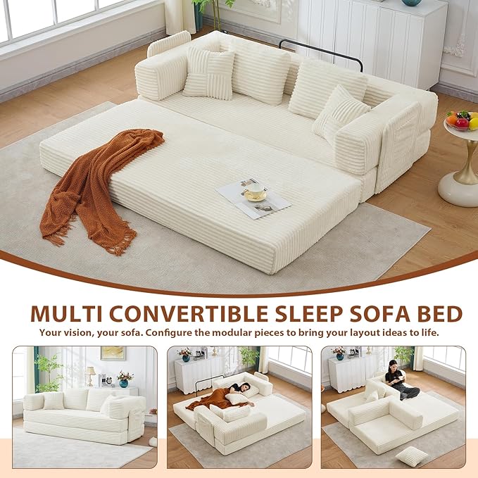 All-in-1 Folding Convertible Sofa Bed Boneless Futon Floor Couch Corduroy Fold Out Modular Lounge Comfy Loveseat Sleeper Lazy Cama for Living Room Bedroom Guestroom Beige（Wide Stripes）