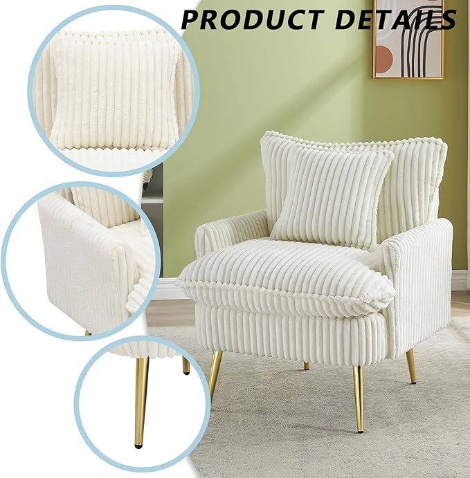 30 Beige Accent Chair Corduroy Accent Armchair with Soft Pillow &amp Gold Legs Comfy Upholstered Arm Chairs for Samll Space Living Room Bedroom 300 LBS Capacity (Beige)