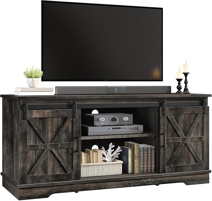 YITAHOME Farmhouse TV Stand for 65 Inch Television Stand Entertainment Center with Storage Cabinets and Sliding Barn Doors Rustic Media TV Console Table for Living Room Dark Rustic Oak