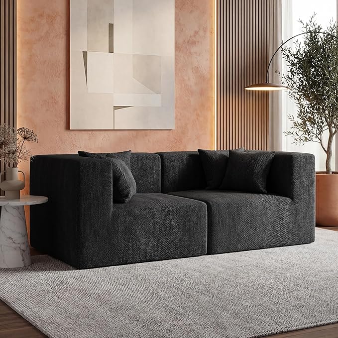 75 Loveseat Sofa Comfy Chenille Cloud Couch with 4 Pillows Modern Deep Seat Boneless Couch 2 Seater Sofa for Living Room Bedroom and Apartment No Assembly Required Black