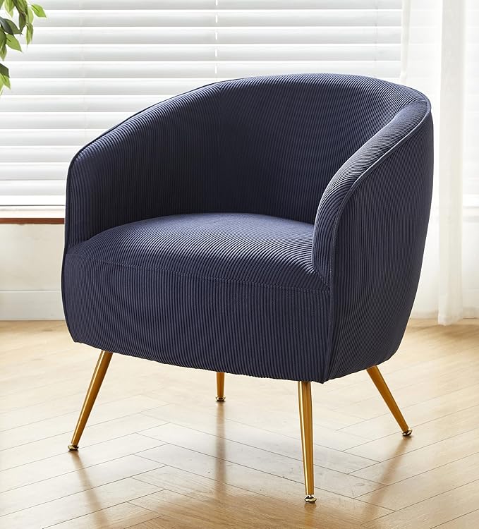 Modern Corduroy Accent Chair with Gold Metal Legs Channel Back Design and Soft Upholstery Comfortable Seating for Living Room Bedroom or Office Blue
