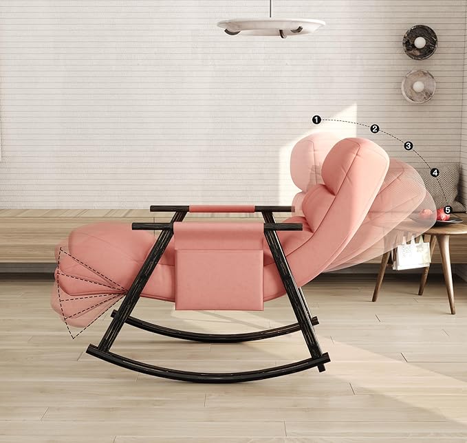 LUMISOL Rocking Chair with Adjustable High Backrest and Footrest Collapsible Rocking Chair with Side Pockets Upholstered Rocking Chair for Living Room Bedroom Balcony Pink