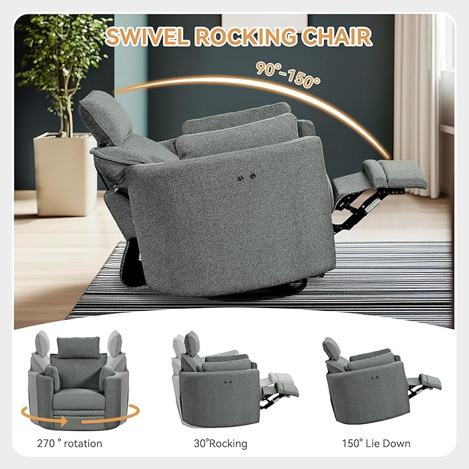 Power Swivel Rocker Recliner Glider Nursery Chair for Adults Modern Leisure Sofa Chair with 2 Pillows for Small Spaces Bedroom Living Room Beige (Light Grey)