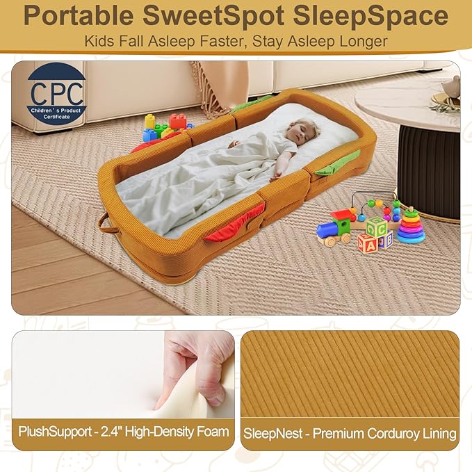Toddler Travel Bed Sandwich Style - Portable Toddlers Floor Beds Foldable Soft Foam Travel Crib for Baby and Kid Washable Cover Toddler Cot with Safety Rail for Travel Home/Travel Sleep