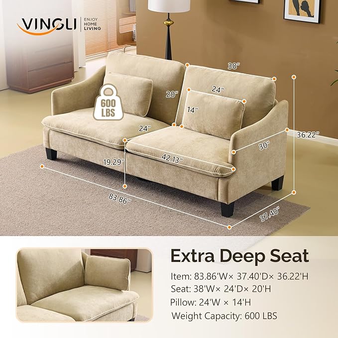 VINGLI 84 Extra Deep Seat Sofa Couch 3 Seater Upholstered Living Room Couches with 2 Piped Seater Cushions Throw Pillows Modern Linen Velvet Fabric Sofa for Apartment Bedroom Office | Piped Cushio