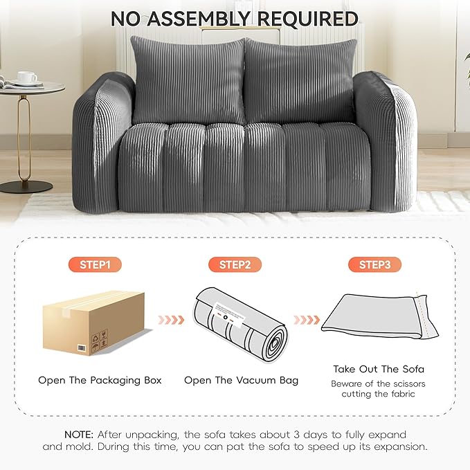 Corduroy Boneless Living Room Sets Modern Upholstered Loveseat with 2 Signle Sofa Chairs Comfy Deep Seat Cloud Sofa Couch Sets for Living Room Grey