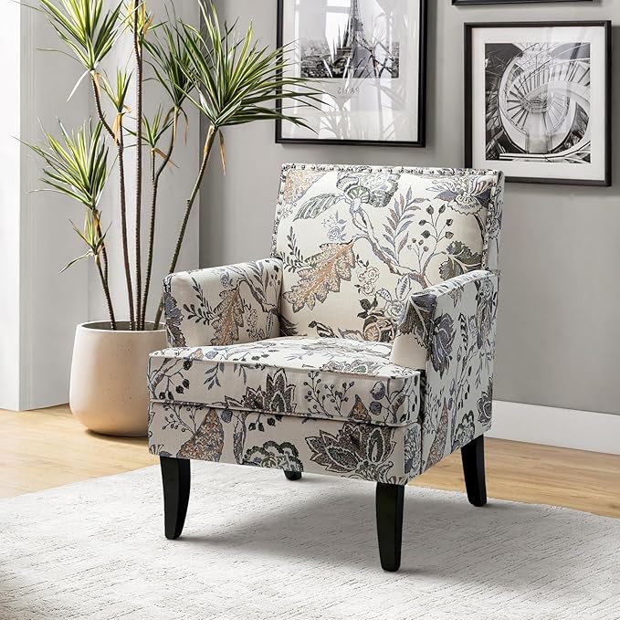 HULALA HOME Modern Accent Chair for Living Room Upholstered Fabric Single Sofa Chair Wingback Armchair with Wooden Legs for Bedroom Office Reading or Waiting Room Orange Grey Floral