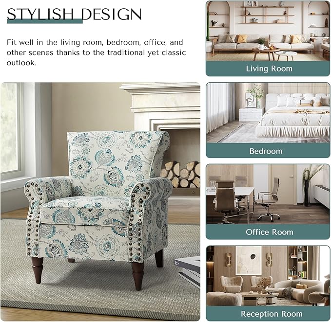 HULALA HOME Modern Wingback Accent Chair with Wood Legs &amp Removable Cushion Comfy Upholstered Armchair with Nailhead Trim Floral Pattern Single Sofa Chair for Living Room Bedroom Medallion