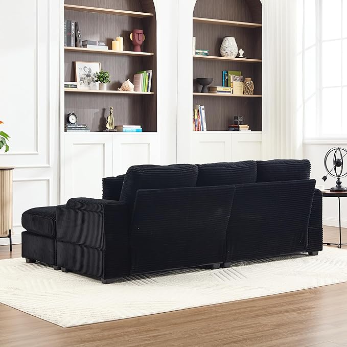 86.6 Sectional Sofa Couch with 2 Ottomans Comfy Corduroy Upholstered Cloud Modular Convertible Couch with Cup Holders and USB Armrest Storage Deep Seat Oversized Loveseat for Living Room (Black)