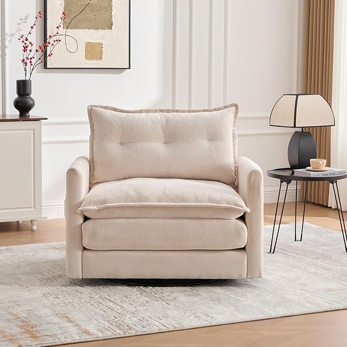 36.2” Swivel Accent Chair with Side Pockets Mid Century Modern Beige Armchair with Solid Metal Base Comfy Single Sofa Chair 360 Degree Swivel Barrel Chairs for Living Room Bedroom (Beige)