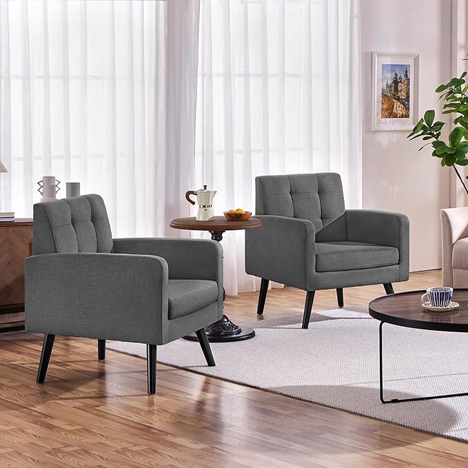 Yaheetech Mid-Century Accent Chairs Modern Upholstered Living Room Chair Cozy Armchair Button Tufted Back and Wood Legs for Bedroom/Office/Cafe Set of 2 Gray