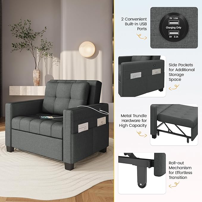 Yaheetech Sleeper Sofa Bed Convertible Chair Bed 3 in 1 Pull Out Sofa with Adjustable Backrest &amp USB and Type C Charging Ports for Living Room Office Bedroom Apartment Dark Gray