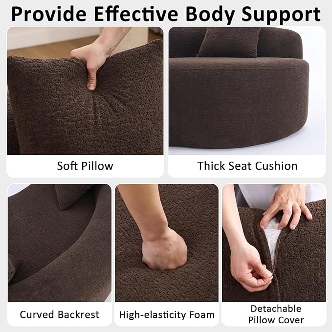 67 Curved Loveseat SofaFull Sponge Compression Sofa Chinese Tai Chi StyleS-Shaped Couch for Small SpacesNo Installation RequirementWood Grain Chenille Fabric （Brown67）