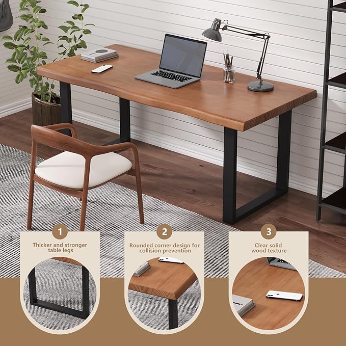Solid Wood Office Desk 47.24 Tan Executive Computer Desk with Heavy-Duty Metal Base Multi-Purpose Desk/Dining Table Ideal for Home Office &amp Work Environments