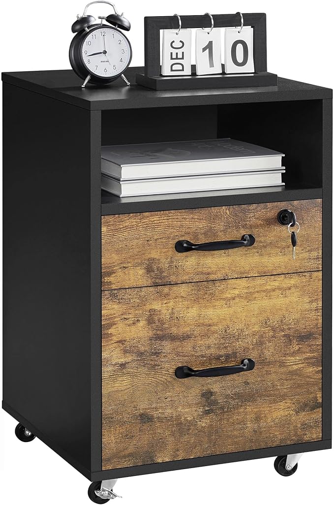 Topeakmart Rolling Vertical Filing Cabinet with 2 Drawer and 1 Open Compartments File Storage Cabinet with Lock Printer Stand for Home and Office Black/Rustic Brown