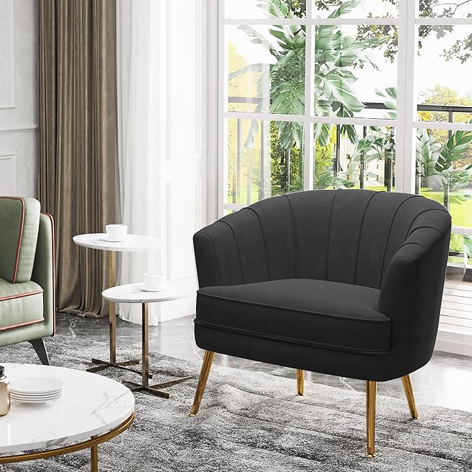 Velvet Accent Chair for Living Room Bedroom Office - Upholstered Single Sofa Arm Chair With Metal Legs - Comfy Reading Leisure Club Coffee Chair - Black