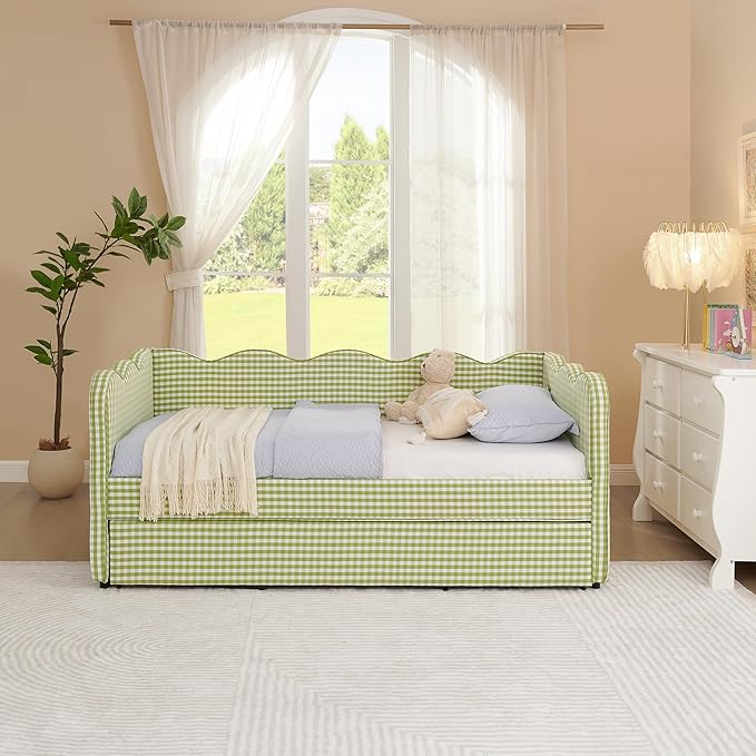Cozy Gingham Daybed with Trundle Twin Size Sofa Bed No Box Spring Needed with USB Port and Adorable Wave Shaped Linen Fabric Navy (Green)