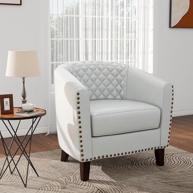 Pia Ricco Faux Leather Barrel Accent Chair Modern Club Arm Chair Comfy Upholstered Single Sofa Chair with Solid Wood Legs and Nailhead Trim for Living Room/Reading Room (White)