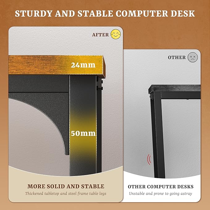 Computer Desk with 0.95 Inch Thicker Desktop &amp Monitor Stand &amp Storage Bag Office Desk with Power Outlets Gaming Desk with LED Light Writing Desk for Home Office Study Bedroom Brown