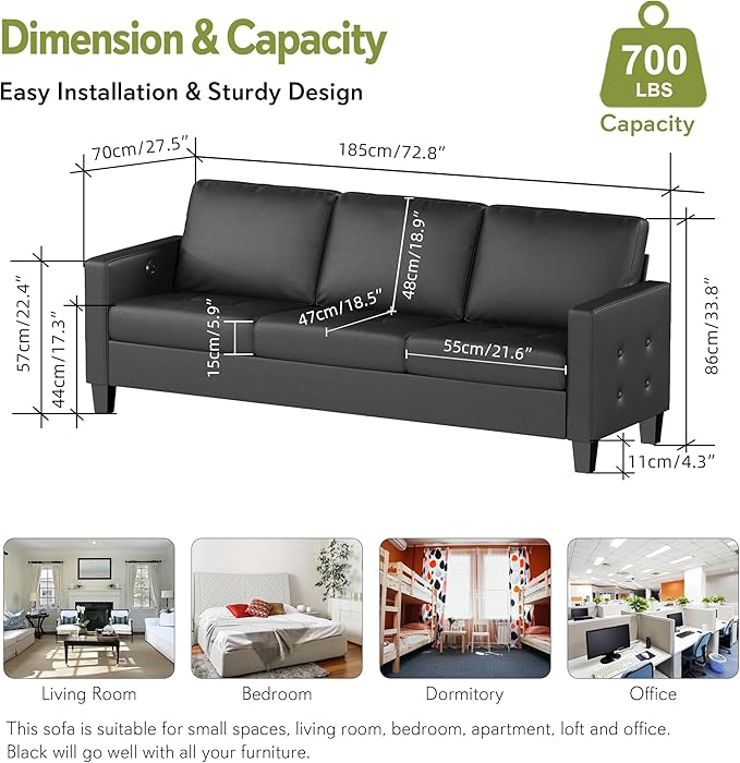 STHOUYN 73” Black Faux Leather Couch Modern Comfy Office 3 Seater Sofa Couch with Tufted Armrest and USB Small Love Seat Couches for Living Room Apartment Bedroom