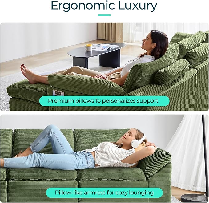 LINSY HOME 139 Modular Couch Modern Boneless Cloud Couch U Shaped Sofa with Movable Ottomans Deep Seat Corduroy Sectional Couches for Living Room Apartment No Assembly Required Green