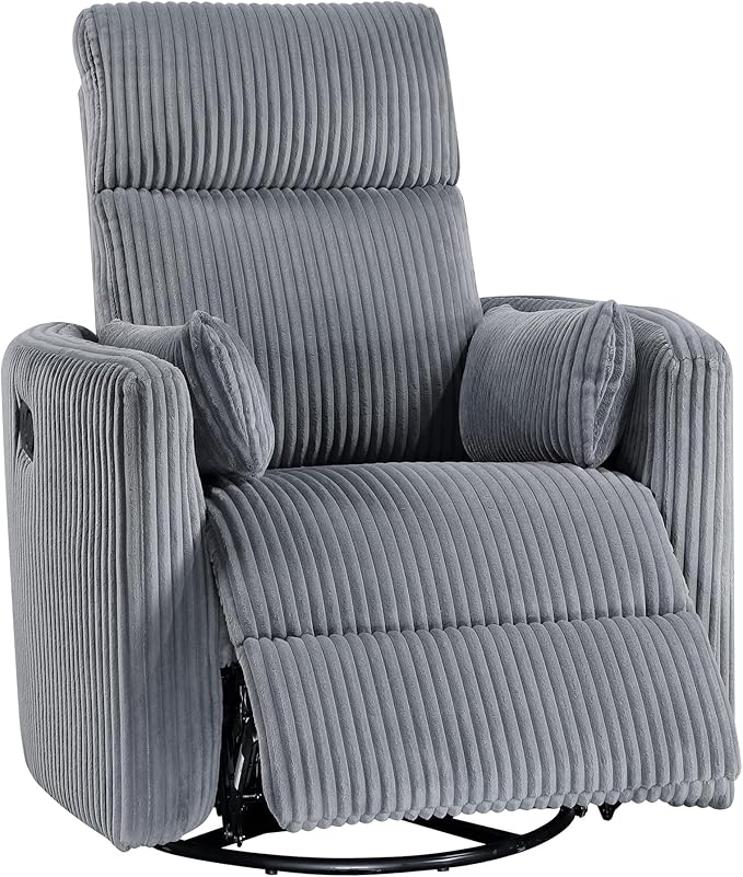 Lexicon Modern Swivel Glider Recliner Chair Nursery Glider Corduroy Fabric Upholstery Recliner with 2 Lumbar Pillows Manual Reclining Sofa Chair for Living Room/Office/Apartment Grey