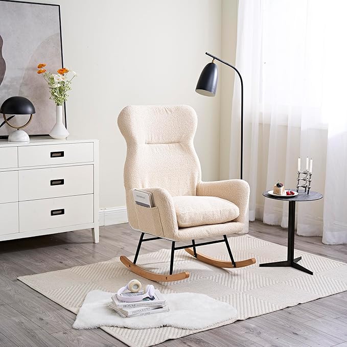 Modern Rocking Chair with High BackrestTeddy Material Comfort Arm Rocker Lounge Armchair for Living Room