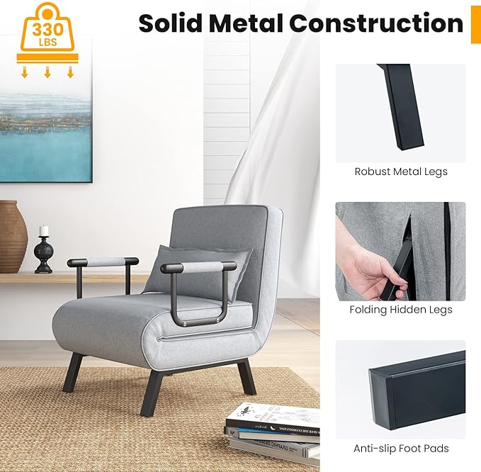 S AFSTAR 4 in 1 Convertible Sofa Bed Sleeper Chair Folding Sofa Arm Chair with Pillow and 6 Position Adjustable Backrest Full Padded Lounger Couch Bed for Home/Office (Light Grey)
