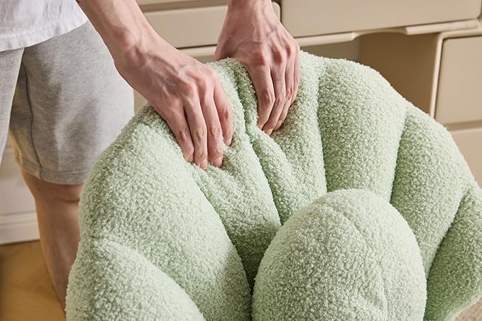 VINGLI Shell-Shaped Teddy Fleece Accent Vanity Chair with BackComfy Green and Gold Desk Chair No WheelsCute Small Pearl Deco PillowGift for Girls/Womenfor MakeupOfficeDiningNailSewingBedroom