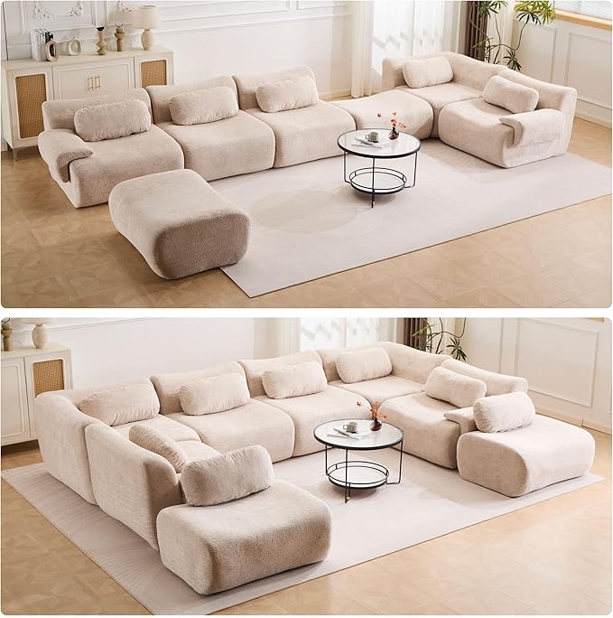148.2 Boneless Couches for Living Room Cloud Modular Sectional Sofa in a Box Memory Foam Modern Couch Big Comfy Compressed Sofas L Shaped Couch with Corner Bedroom Apartment Beige