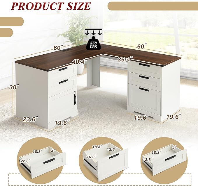 Grepatio 60 L Shaped Executive Desk with Drawers Farmhouse Corner Desk with USB Charging Station 2 Person Home Office Computer Writing Desks with Storage Key Lock Filing Cabinet (Antique White)