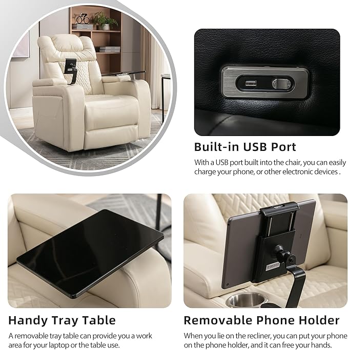 Beige Power Recliner Chair with Cupholders &amp Storage - Armchair Electric Reclining with USB Port 360° Swivel Tray Table Cell Phone Stand Ambient Lighting Leather Living Room Chair for Home The