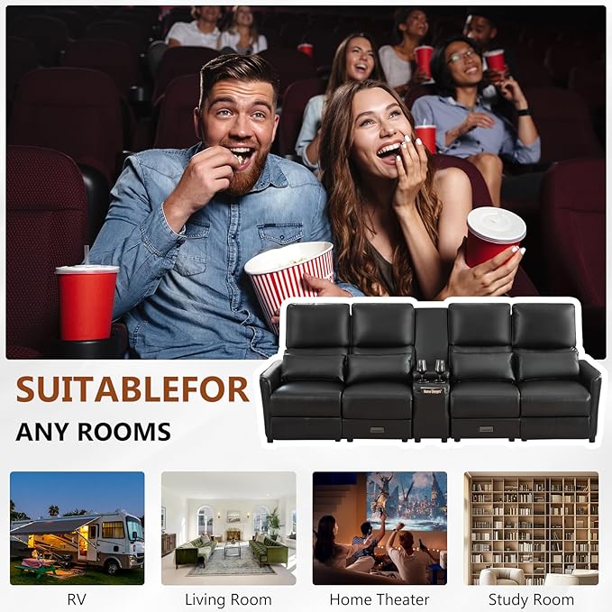 Reclining Loveseat Sofa 4 Seat Manual Recliner Couch with Flip Middle Backrest Console Wall Hugger Storage Drawer &amp Cup Holder for RV &amp Living Room Seating (Black 4 seat &amp Console)