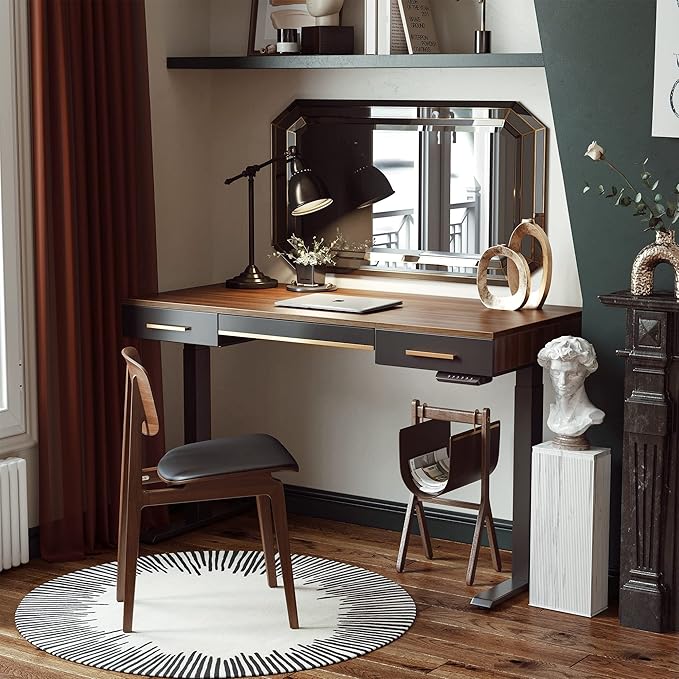 FEZIBO Mid Century Modern Electric Standing Desk with 3 Drawers 48 x 26 Inches Whole Piece Sit Stand Up Home Office Desk Black Walnut Top with Black Frame (2 Packages)