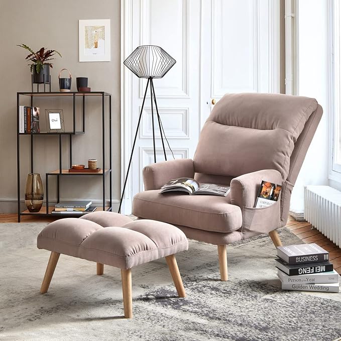 HOOOWOOO Living Room ChairLiving Room Set with Recliner Accent Chair and Ottoman with Side BagsPink Linen