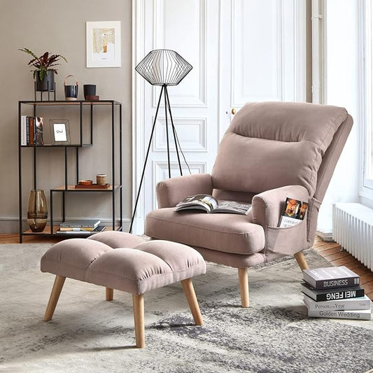 HOOOWOOO Living Room ChairLiving Room Set with Recliner Accent Chair and Ottoman with Side BagsPink Linen