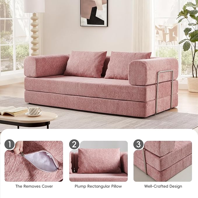 5-in-1 Convertible Folding Sofa Bed 79 Queen Chenille Boneless Couch with Removable Armrests No Assembly Loveseat Sleeper Sofa Modular Futon Couch for Living Room &amp Bedroom (Pink)