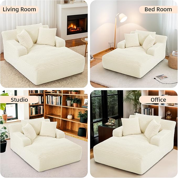 Oversized Chaise Lounge Chair Indoor Corduroy Sofa Bed with Throw Pillows Recliner Chair Comfy Large Deep Seat Sofa Couch for Living Room Bedroom Apartment (White)