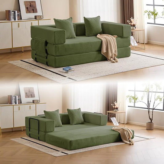 Convertible Sleep Sofa Bed with Armrests and Backrest Corduroy Folding Couch with 2 Pillow Modular Sectional for Living Room Bedroom Studio-No Assembly NeededGreen