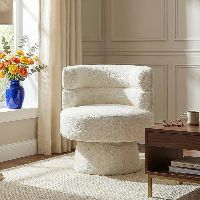 Merax Boucle Swivel Chair 360° Rotating Modern Accent Chair with Ergonomic Support for Living Room Bedroom Home Office Cream White