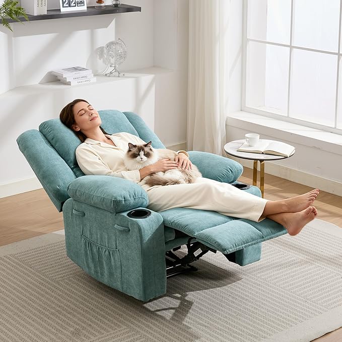 Manual Recliner Chair with Heating &amp MassageErgonomic Overstuffed Breathable Fabric Reclining Chair with Side PocketsQ235 Steel Frame Lazy Boy Recliner Single Sofa for Living Room Bedroom
