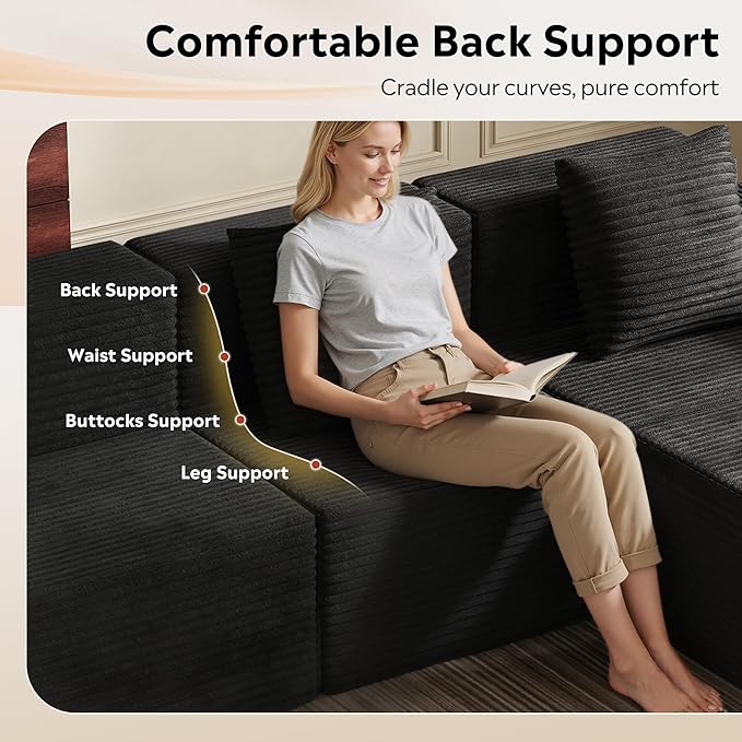 WLIVE 32'' Middle Sofa Seat of Cloud Sectional Couches for Living Room Boneless Armless Chair Memory Foam Corduroy Black