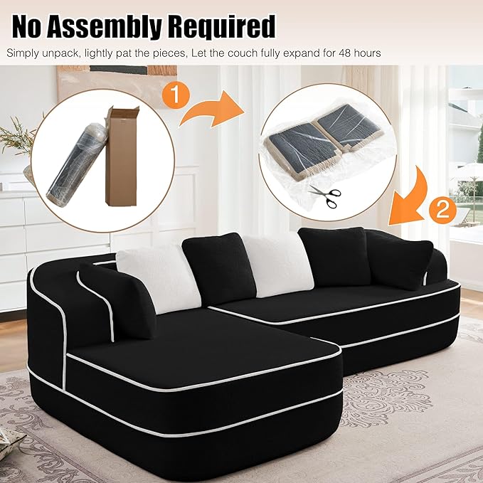 105.9 Modular Sectional Couch Sofa for Living RoomHigh Density Sponge Boneless Sofa with Left ChaiseL-Shaped Cloud Couch with Soft Teddy FabricNo Assembly RequiredBlack