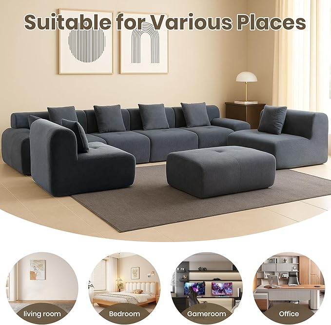 122 Modular Sectional Sofa Convertible L-Shape Cloud Couch Corduroy Upholstered Boneless Sofa Set with Deep Seat &amp Movable Ottoman No Assembly Needed for Living Room Bedroom Home Office Gre