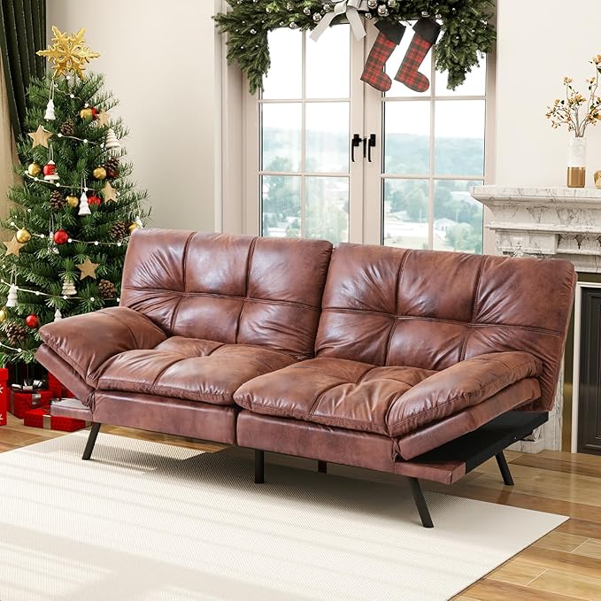 MUUEGM Futon Couch with 71 Adjustable High Density Memory Foam Futon Sofa Bed Modern Design Sofa Bed for Living Room Sleeping and Relaxing(Leather Brown)