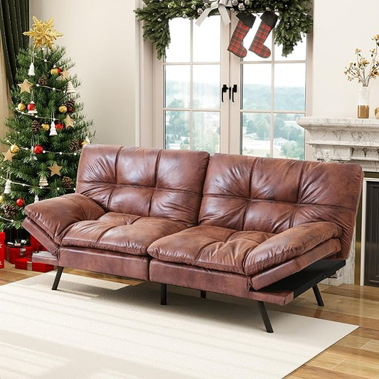 MUUEGM Futon Couch with 71 Adjustable High Density Memory Foam Futon Sofa Bed Modern Design Sofa Bed for Living Room Sleeping and Relaxing(Leather Brown)