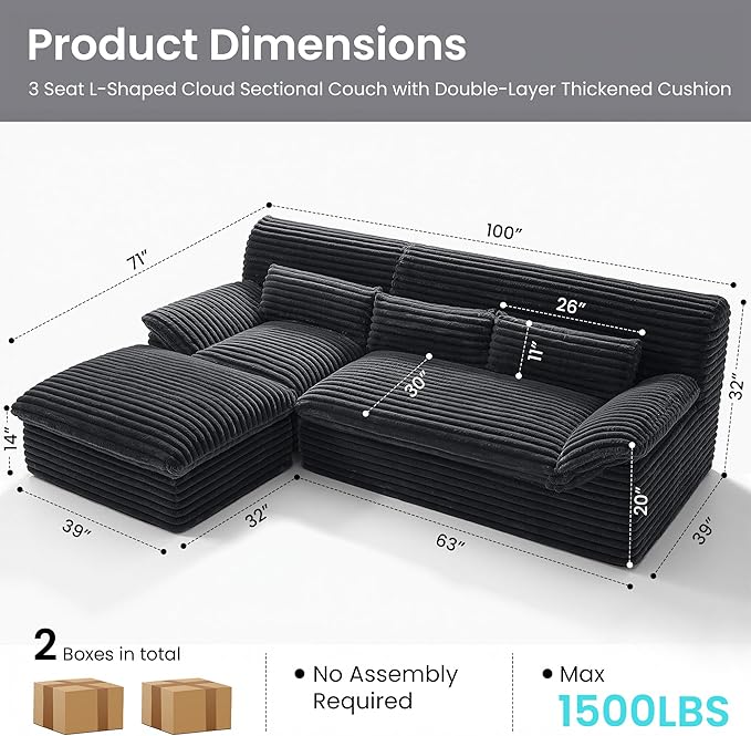 Modular Sectional SofaBoneless Couch for Living Room3 Seat L-Shaped Cloud Sectional Couch with Double-Layer Thickened Deep SeatComfy Corduroy Fabric Sofa Bed72h ReboundGrey