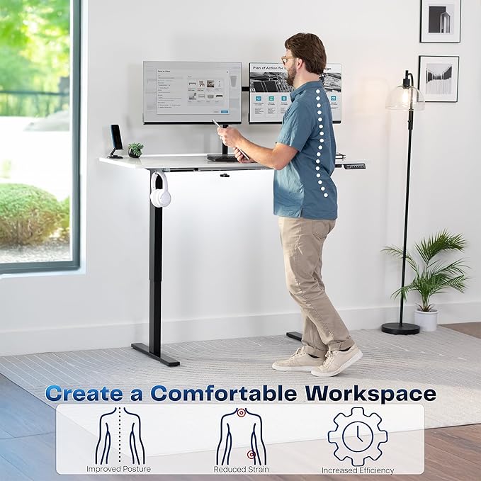 VIVO Electric Dry Erase 60 x 24 in Standing Desk Memory Height Adjustment 1B Series Holds 220 lbs White Marble Pattern Top Black Frame DESK-KIT-1B6WM